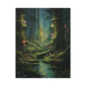 Forest Stream with Glowing Cottage Canvas Print