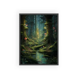 Forest Stream with Glowing Cottage Framed Poster