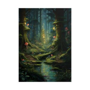 Forest Stream with Glowing Cottage Poster