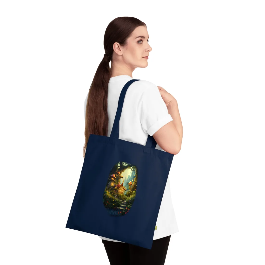 Whimsical Mushroom Cottage in Enchanted Forest – Tote Bag, french navy