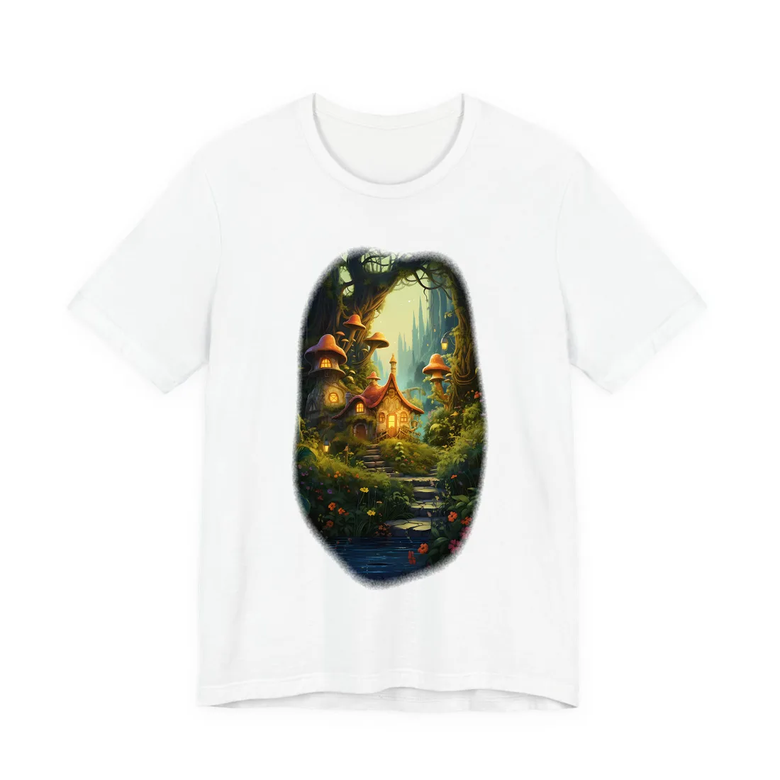 Whimsical Mushroom Cottage in Enchanted Forest – T-Shirt, white