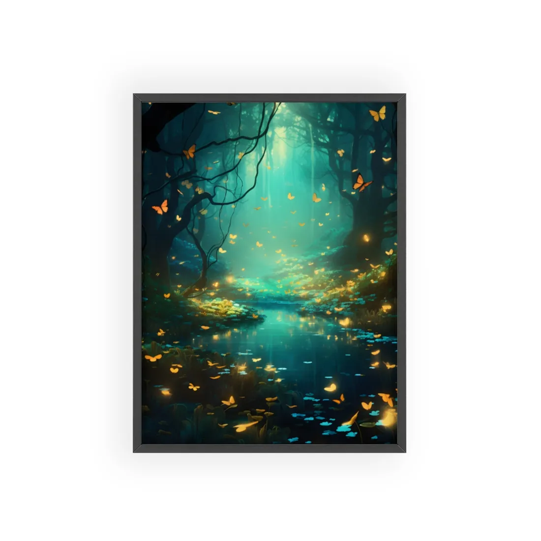 Enchanted Night Forest: Foggy Fantasy Landscape with Bokeh Lights - Framed Poster