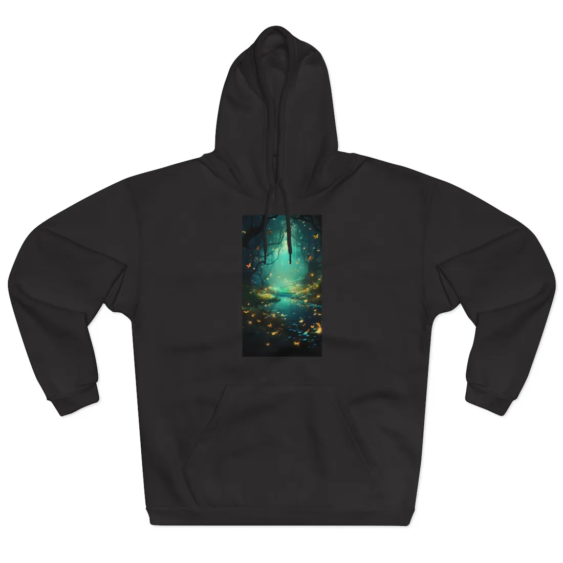 Enchanted Night Forest: Foggy Fantasy Landscape with Bokeh Lights - Hoodie