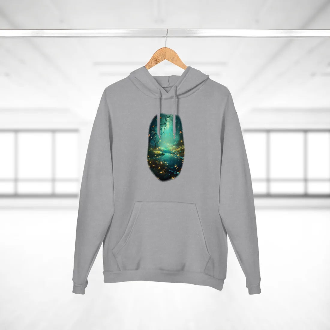 A glowing forest pond at night with orange butterflies drifting above the water beneath twisted trees – Hoodie, heather grey