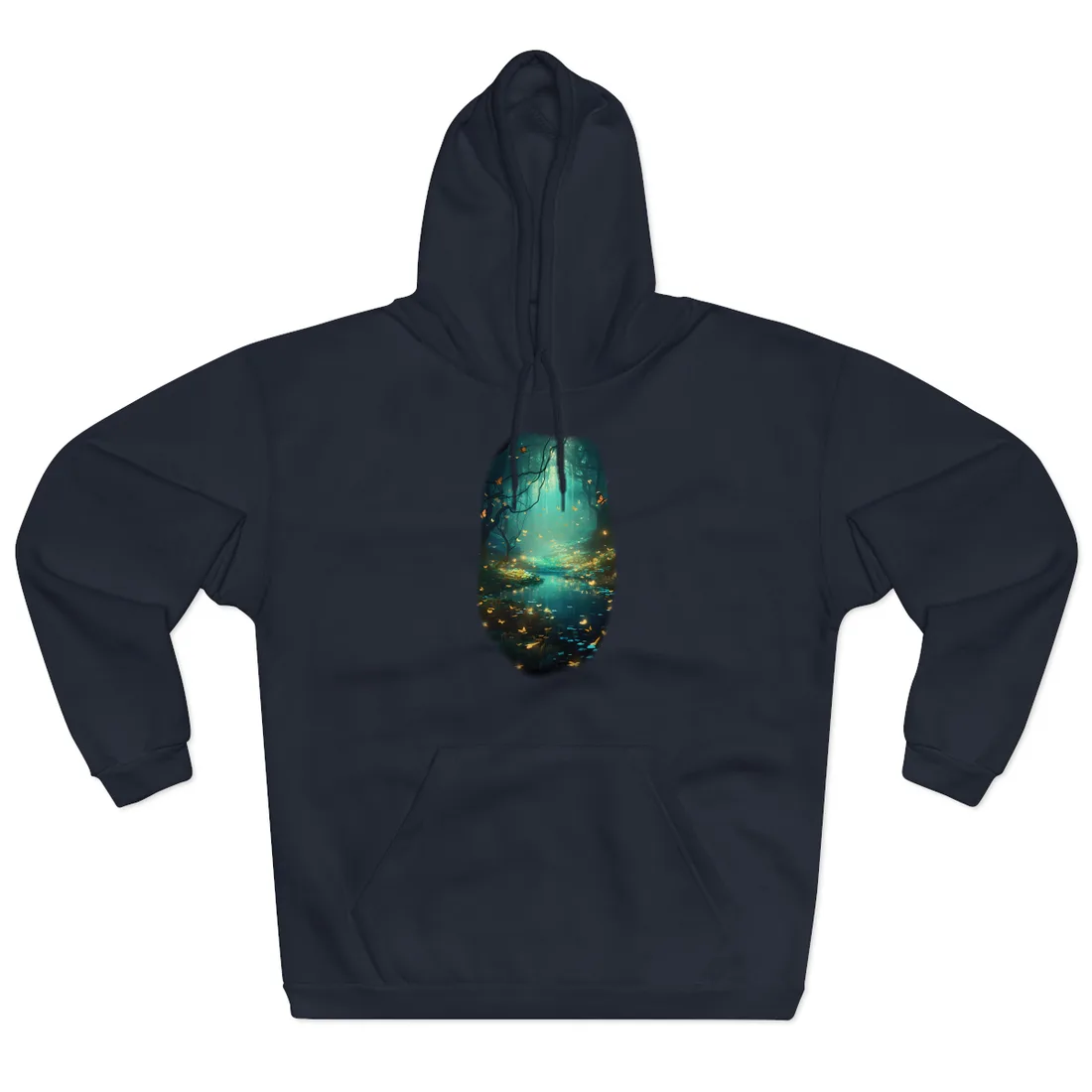 A glowing forest pond at night with orange butterflies drifting above the water beneath twisted trees – Hoodie, navy