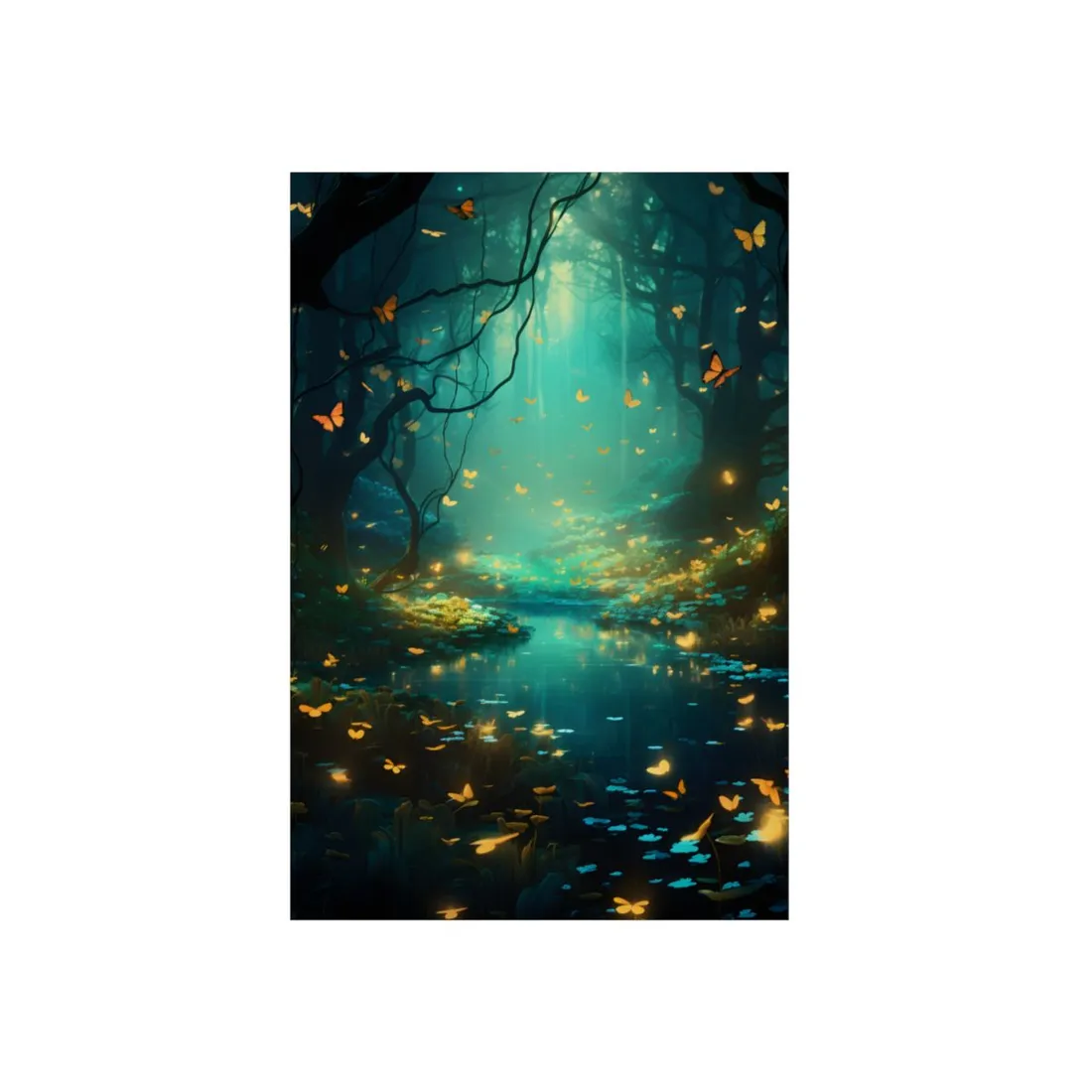 Enchanted Night Forest: Foggy Fantasy Landscape with Bokeh Lights - Metal Poster