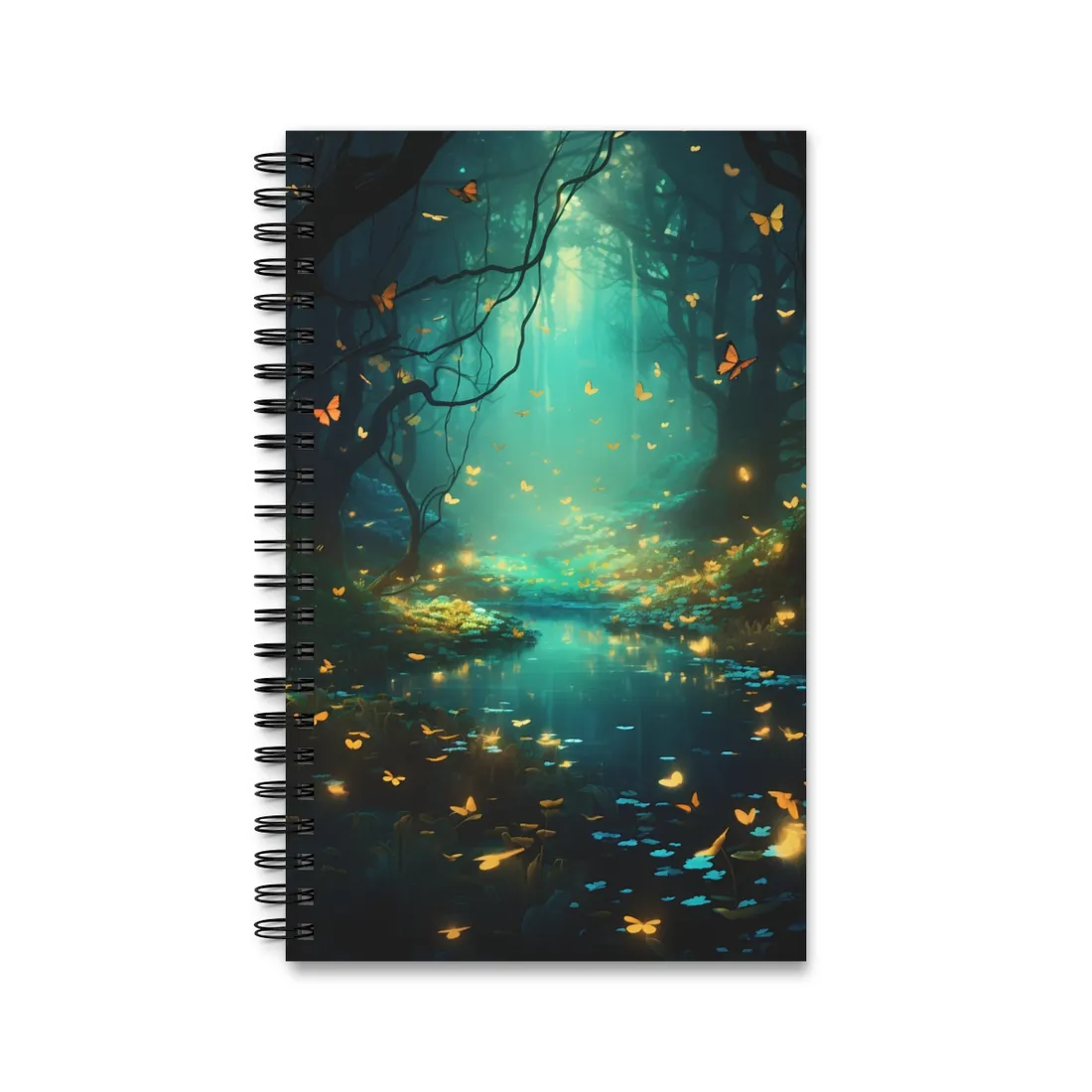 Enchanted Night Forest: Foggy Fantasy Landscape with Bokeh Lights - Spiral Notebook