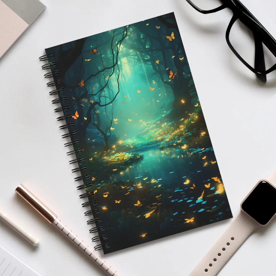 Enchanted Night Forest: Foggy Fantasy Landscape with Bokeh Lights - Spiral Notebook