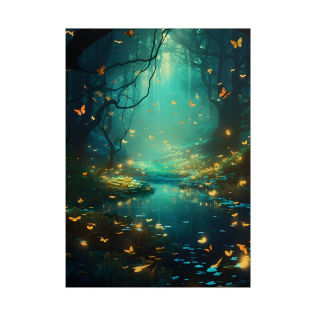 Enchanted Night Forest: Foggy Fantasy Landscape with Bokeh Lights - Poster