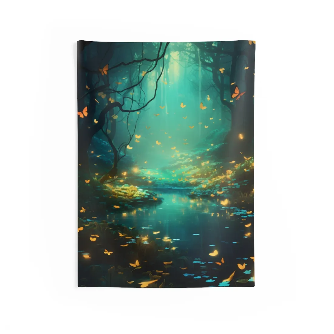 Enchanted Night Forest: Foggy Fantasy Landscape with Bokeh Lights - Wall Tapestry