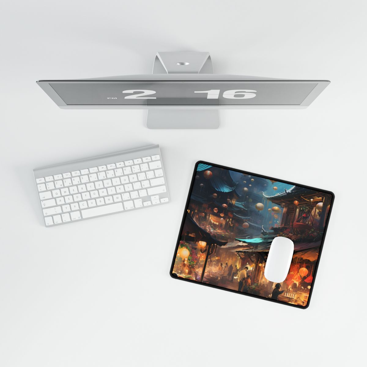 Enchanted Street Food Market: Vibrant Evening Artwork - Desk Mat