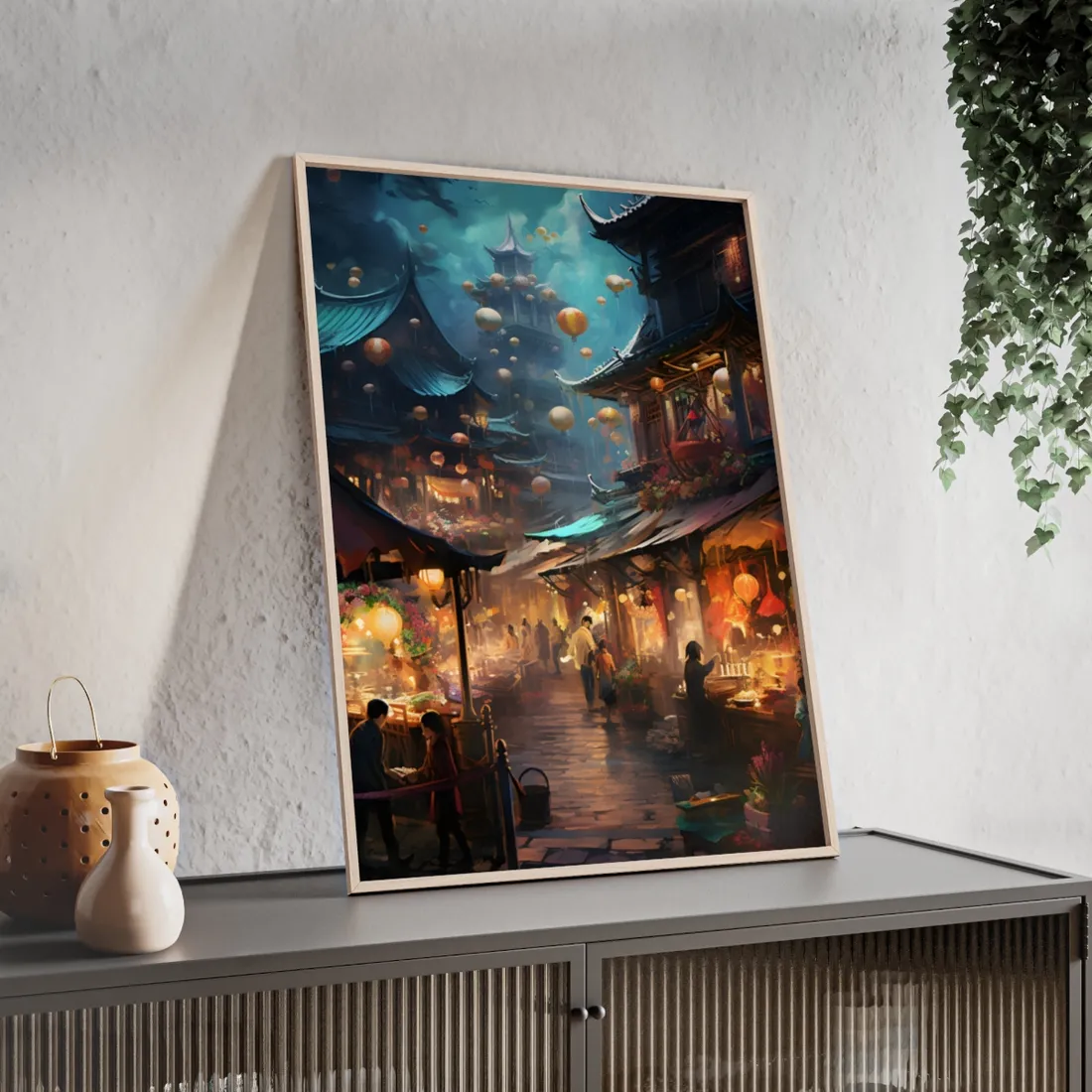 Enchanted Street Food Market: Vibrant Evening - Framed Poster