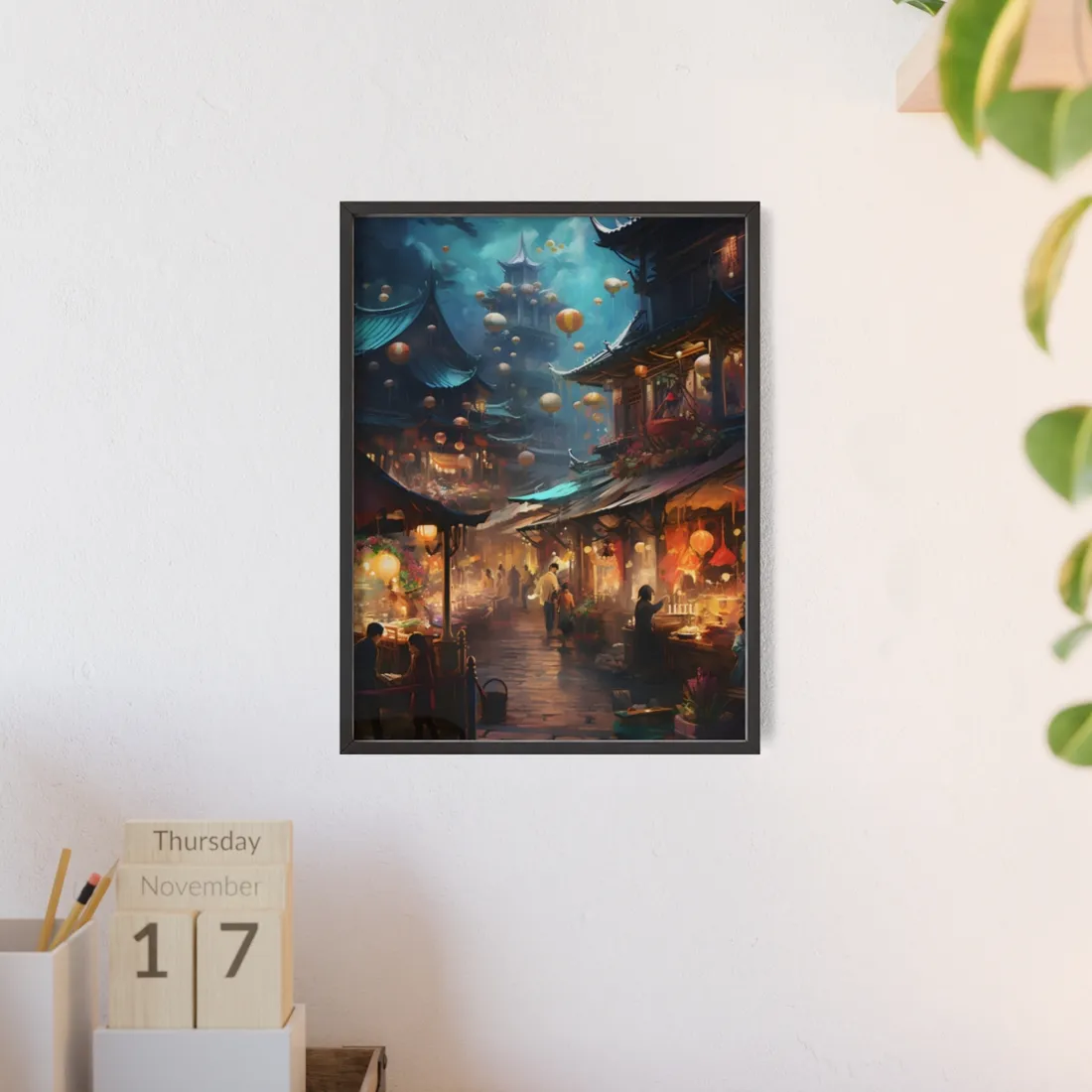 Enchanted Street Food Market: Vibrant Evening - Framed Poster
