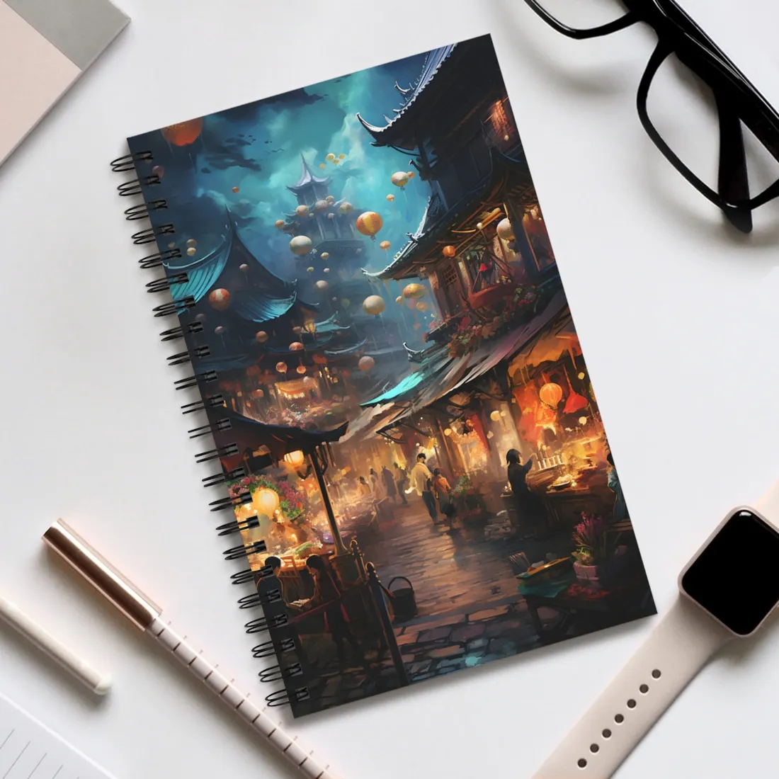 Enchanted Street Food Market: Vibrant Evening - Spiral Notebook