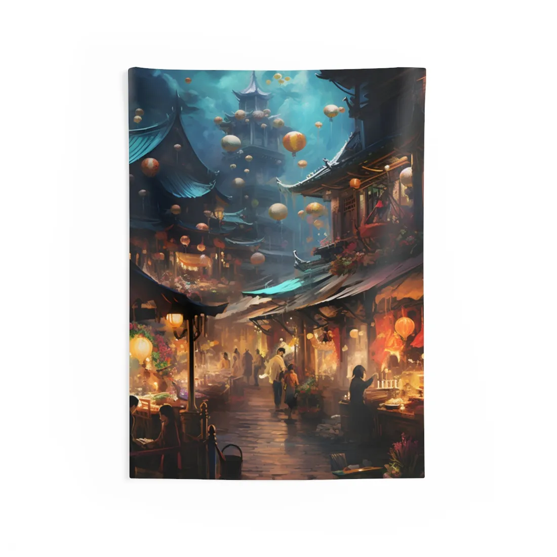 Enchanted Street Food Market: Vibrant Evening - Wall Tapestry