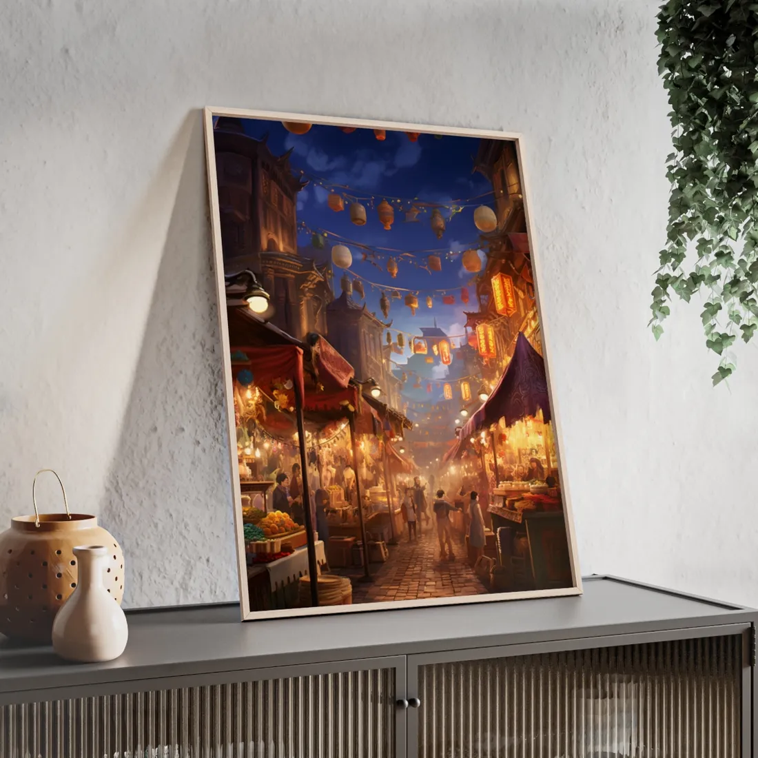 Enchanting Evening Street Food Market: A Vibrant Gathering - Framed Poster