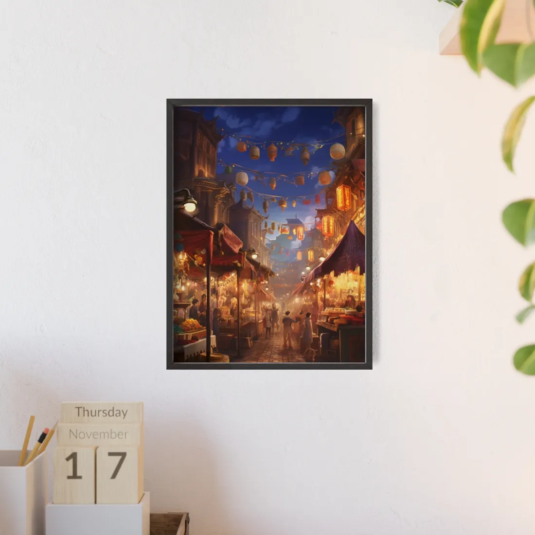 Enchanting Evening Street Food Market: A Vibrant Gathering - Framed Poster