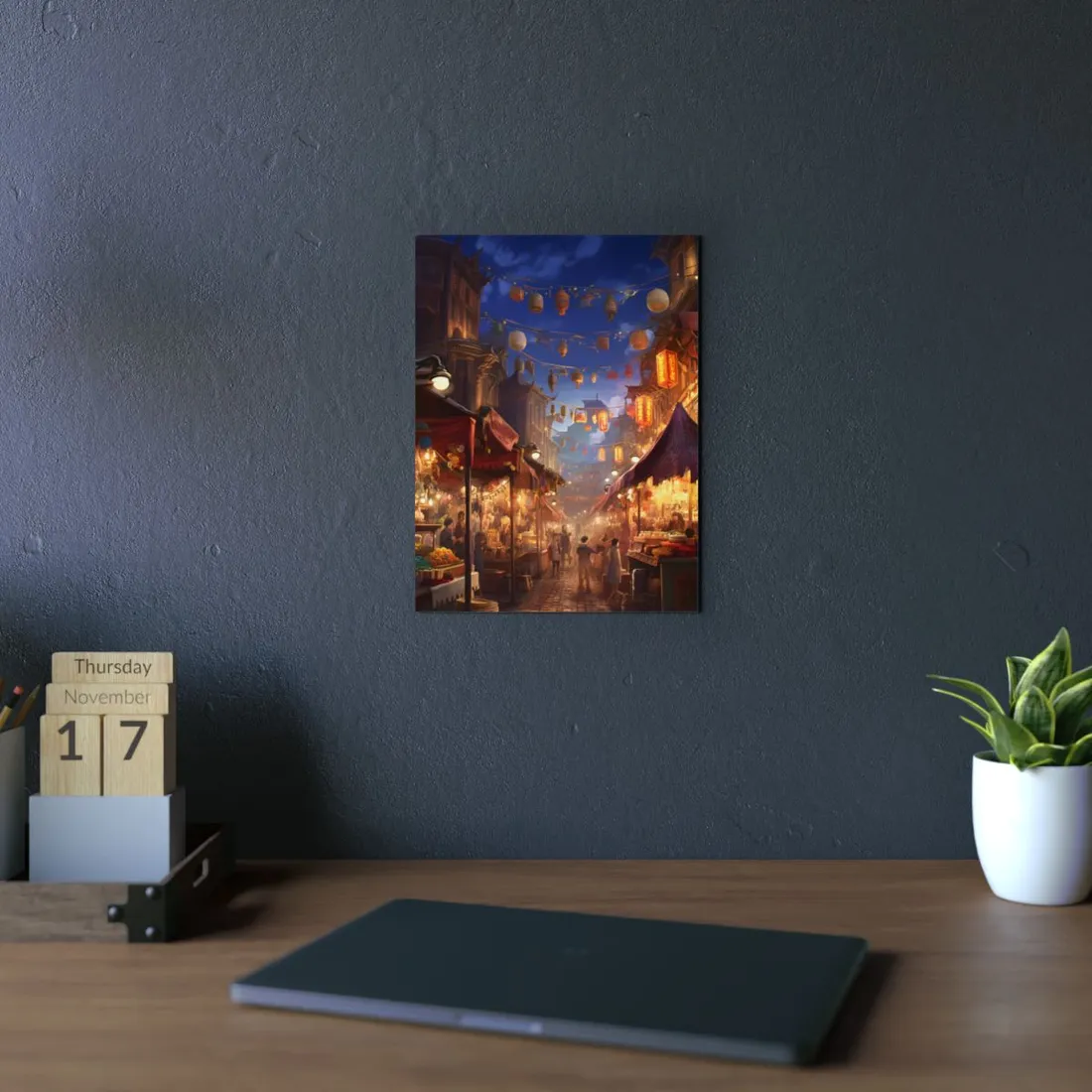 Enchanting Evening Street Food Market: A Vibrant Gathering - Metal Poster