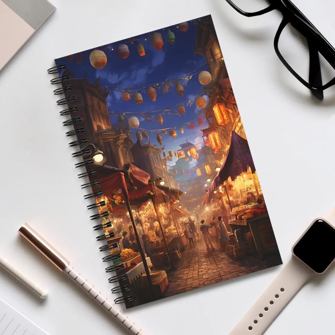 Enchanting Evening Street Food Market: A Vibrant Gathering - Spiral Notebook