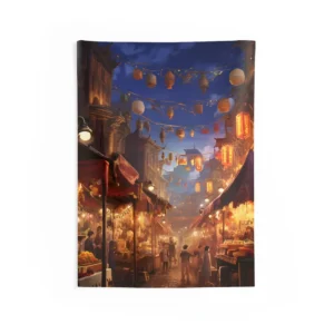 Night Market with Hanging Lanterns Wall Tapestry