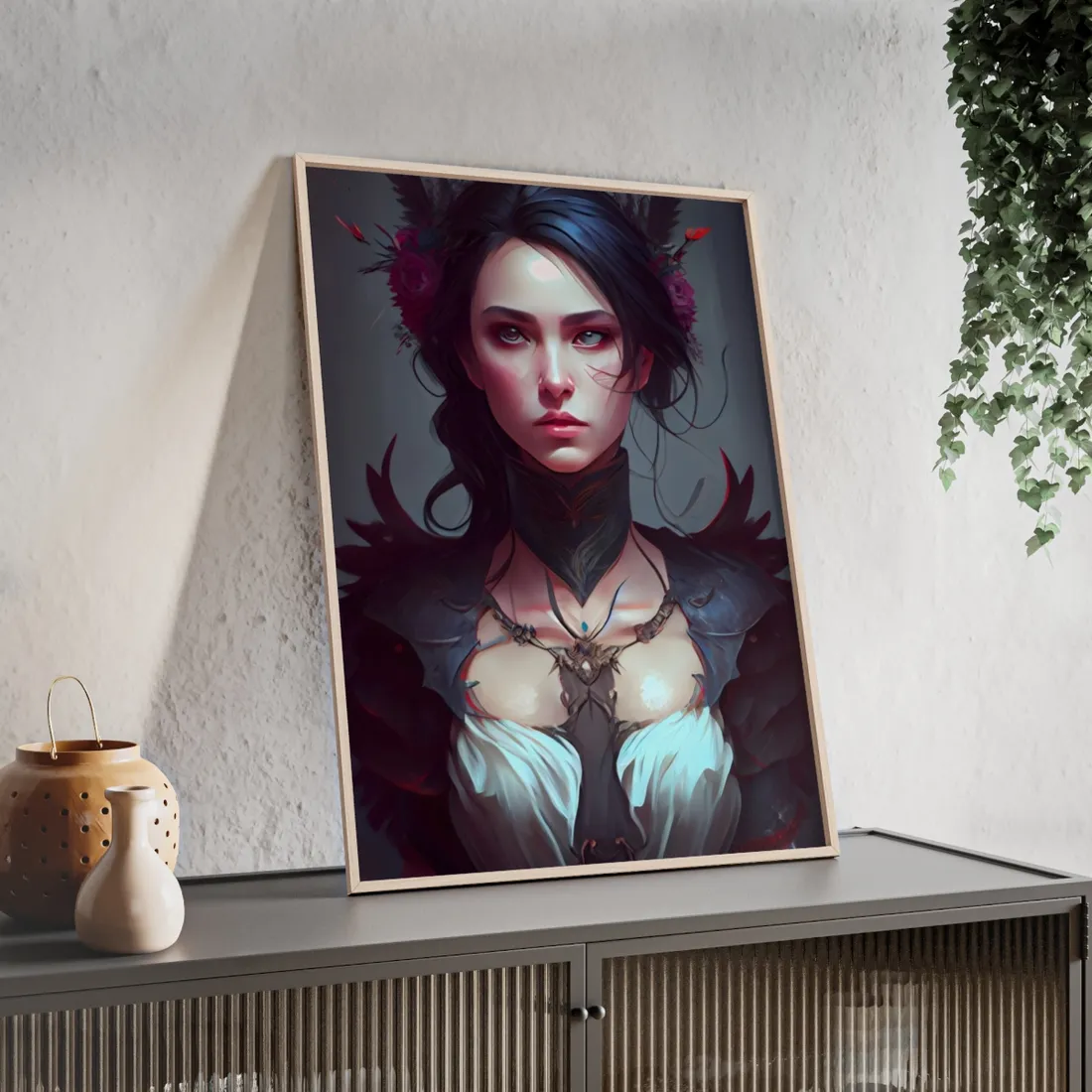 Enchanting Female Portrait: Elegant Black Dress - Framed Poster