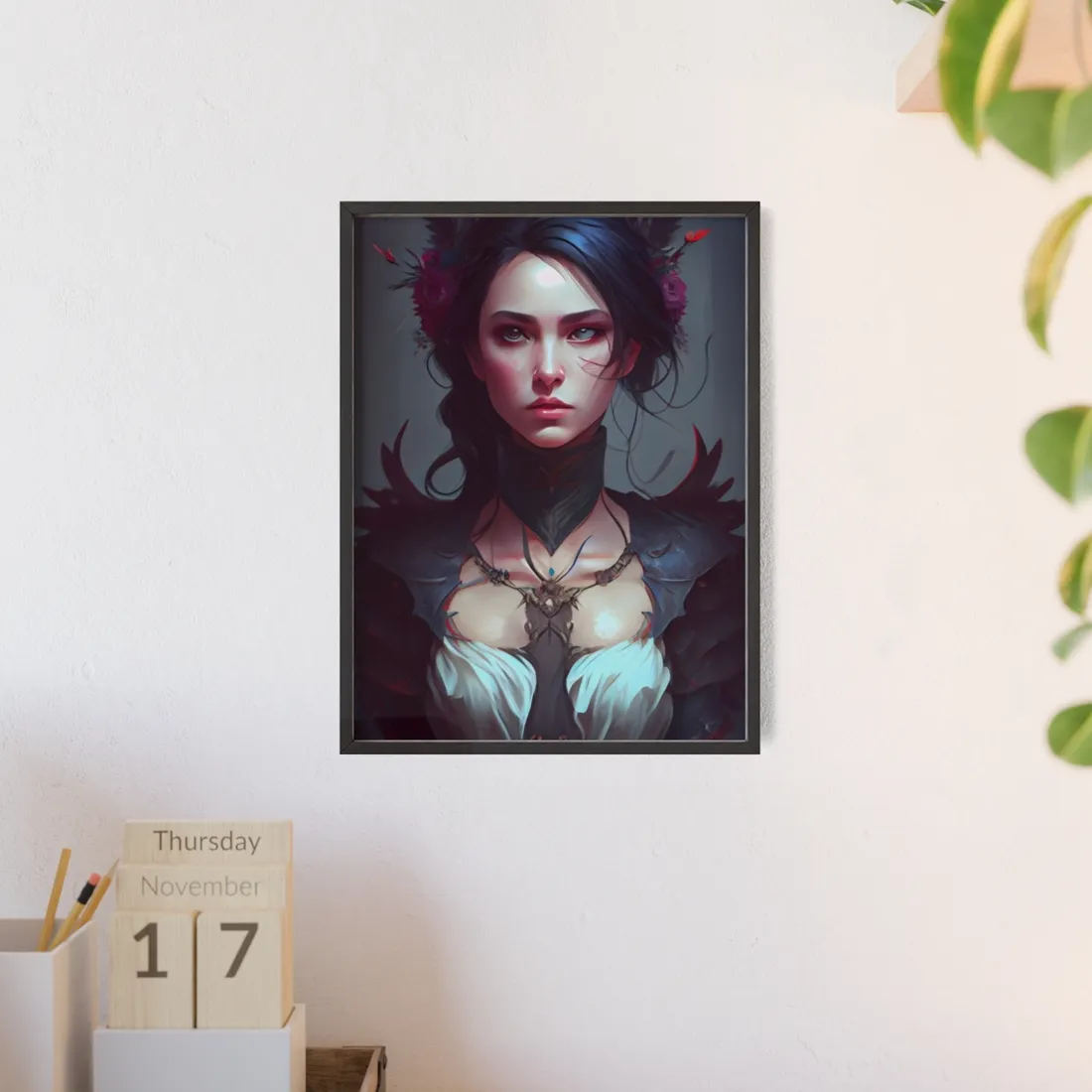 Enchanting Female Portrait: Elegant Black Dress - Framed Poster