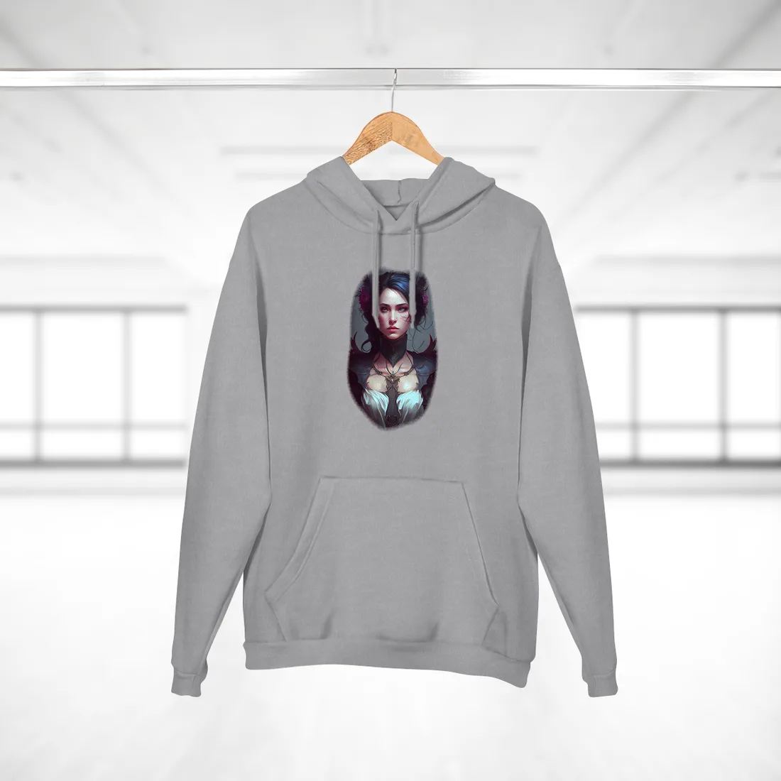 Portrait of dark-haired woman with magenta flowers, feathered black collar and pale draped top – Hoodie, black, view 2