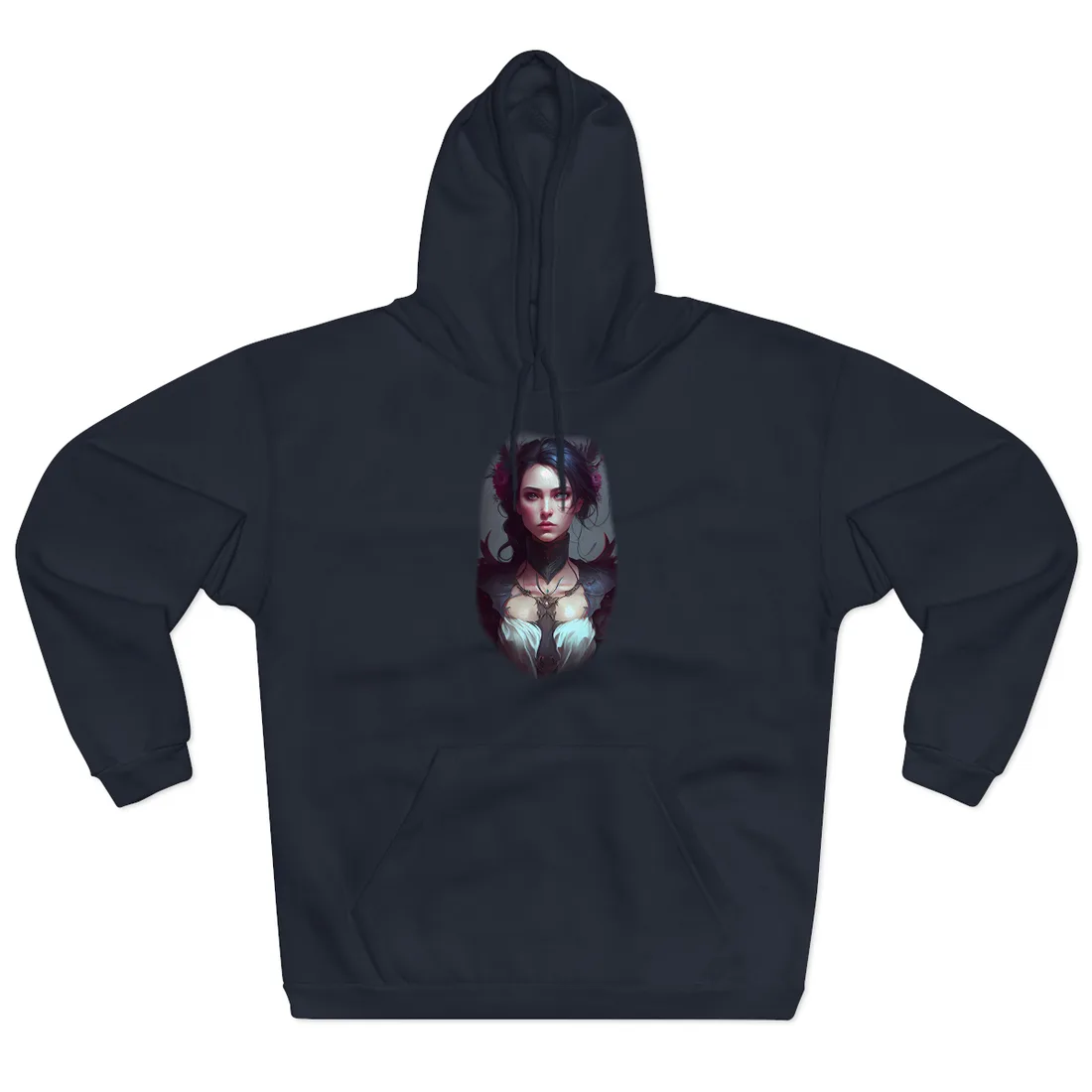 Portrait of dark-haired woman with magenta flowers, feathered black collar and pale draped top – Hoodie, black, view 3