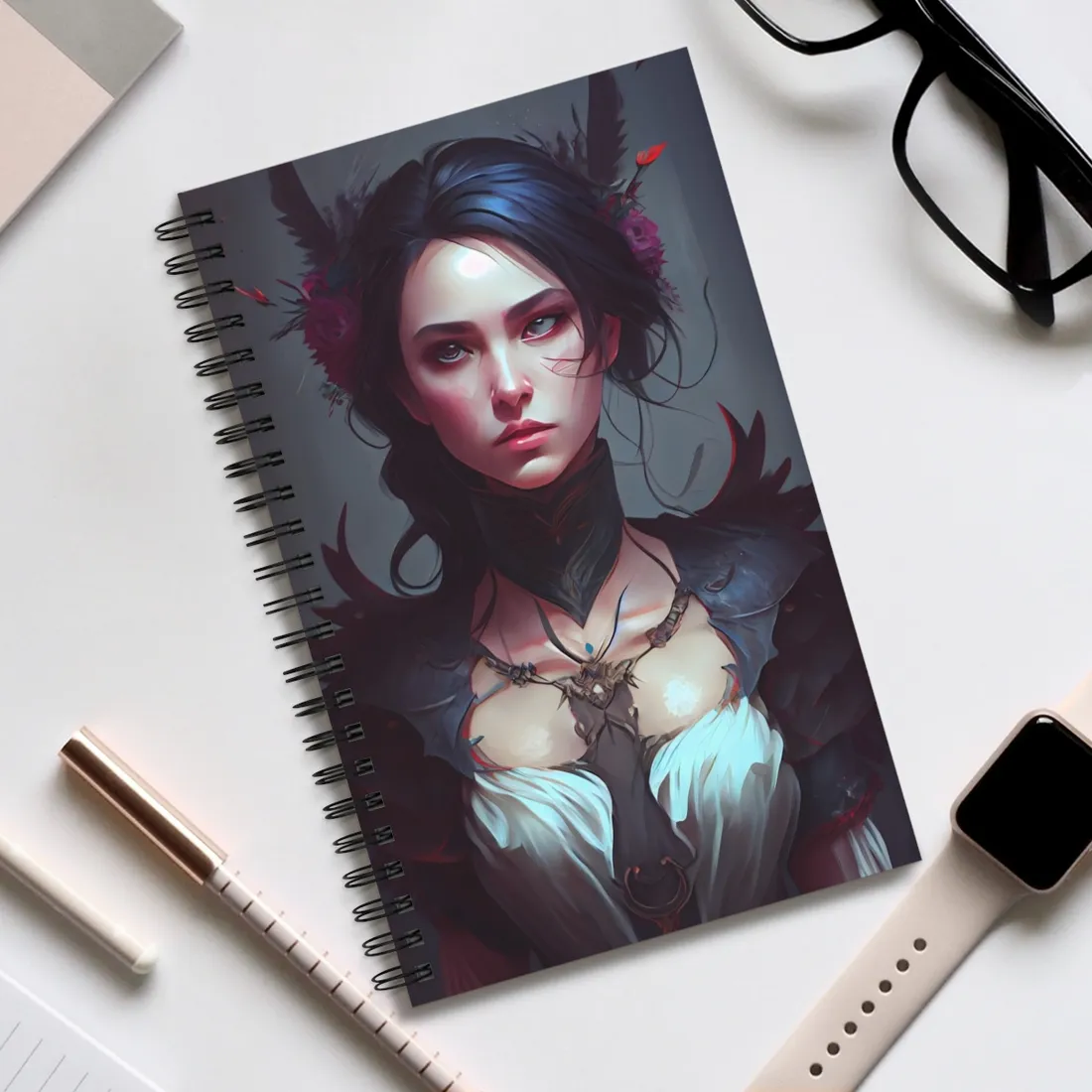 Enchanting Female Portrait: Elegant Black Dress - Spiral Notebook
