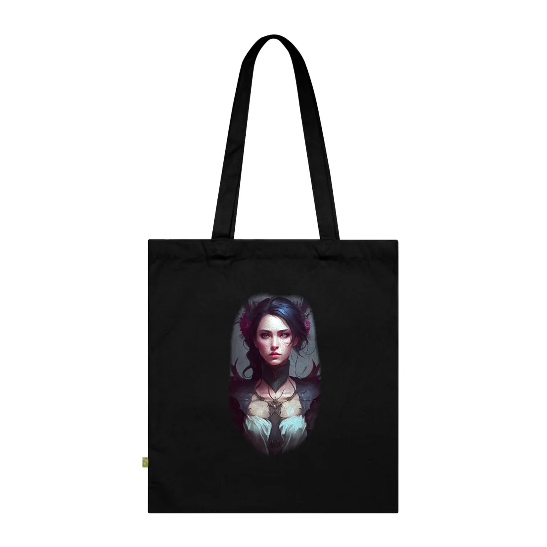 Portrait of dark-haired woman with magenta flowers, feathered black collar and pale draped top – Tote Bag, black, view 3