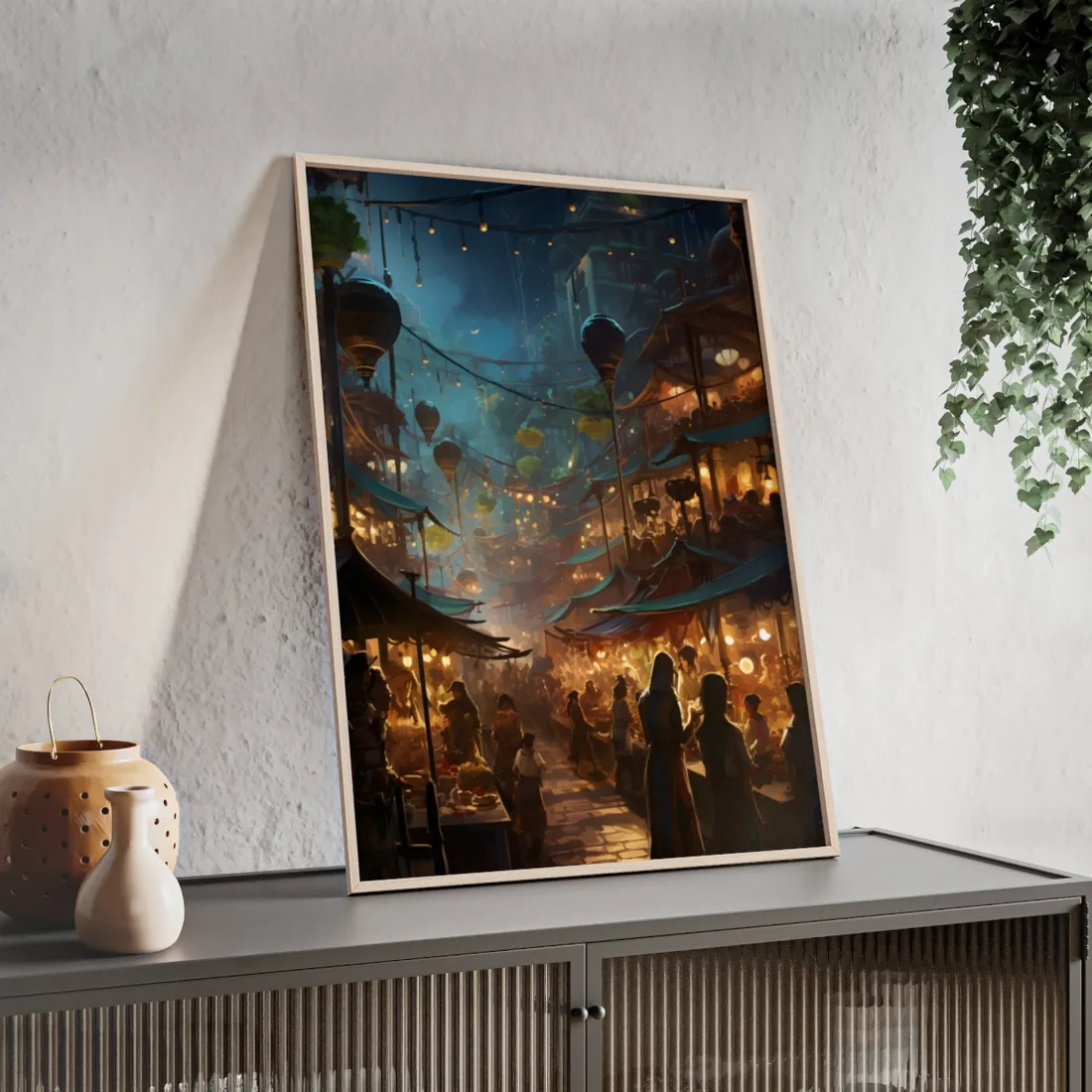 Enchanting Night Street Food Market: Colorful - Framed Poster
