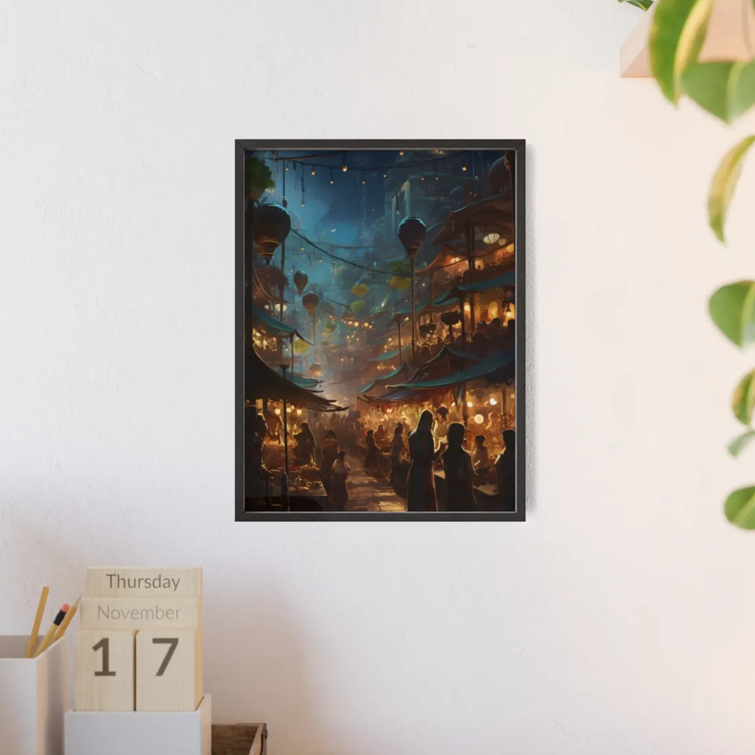 Enchanting Night Street Food Market: Colorful - Framed Poster