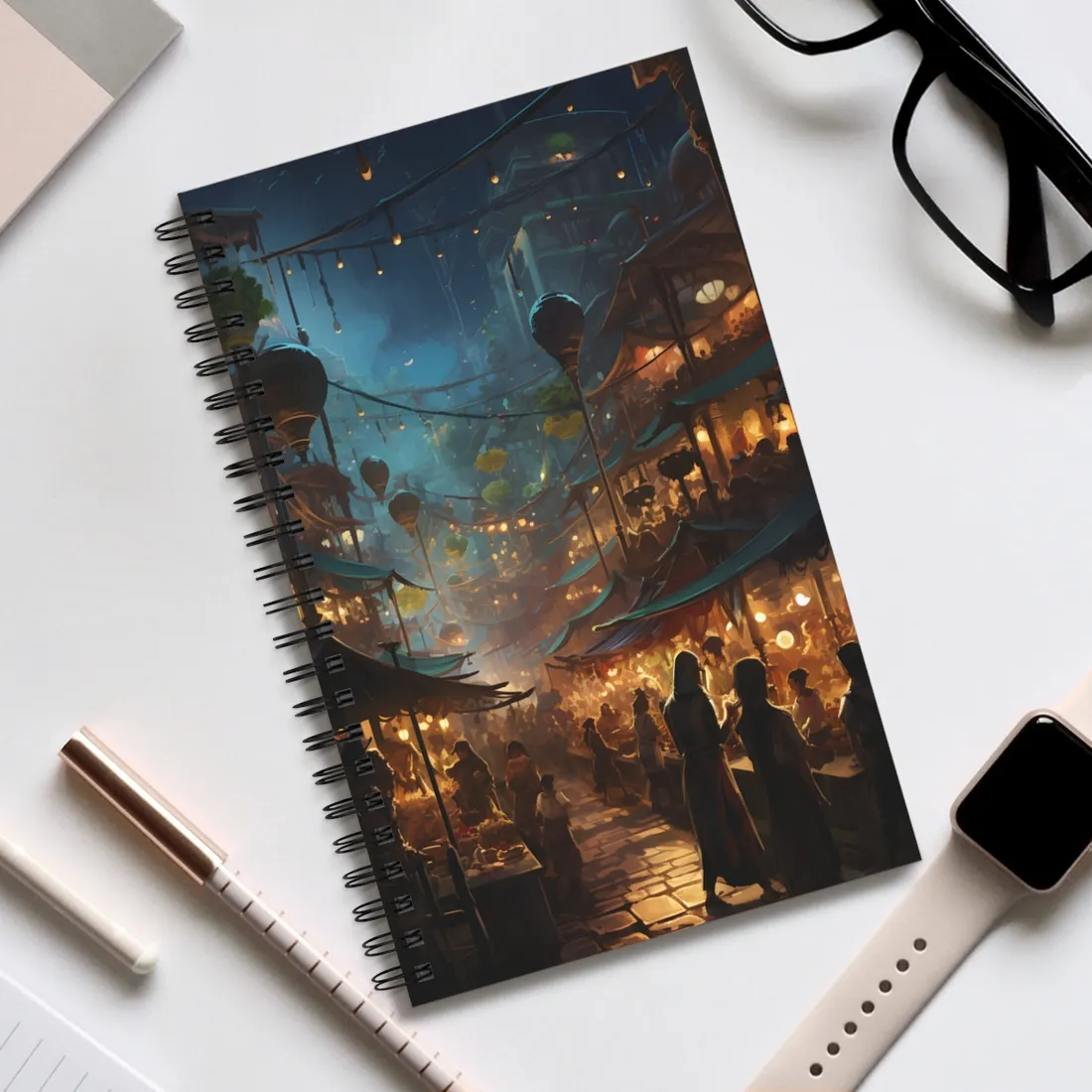 Enchanting Night Street Food Market: Colorful - Spiral Notebook