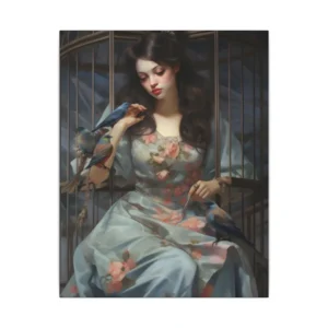 Woman with Birds in Birdcage Canvas Print