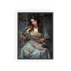 Woman with Birds in Birdcage Framed Poster