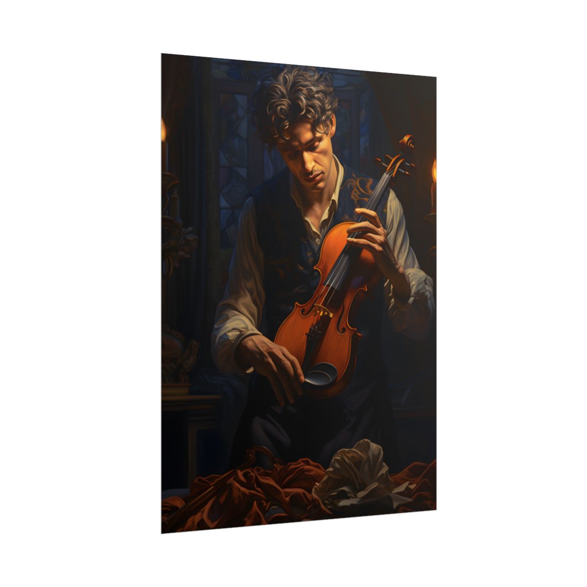 Enigmatic Musician in Dimly Lit Room: Mysterious Piano Performance Art - Poster
