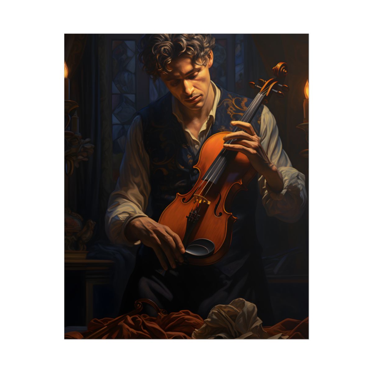 Enigmatic Musician in Dimly Lit Room: Mysterious Piano Performance Art - Poster