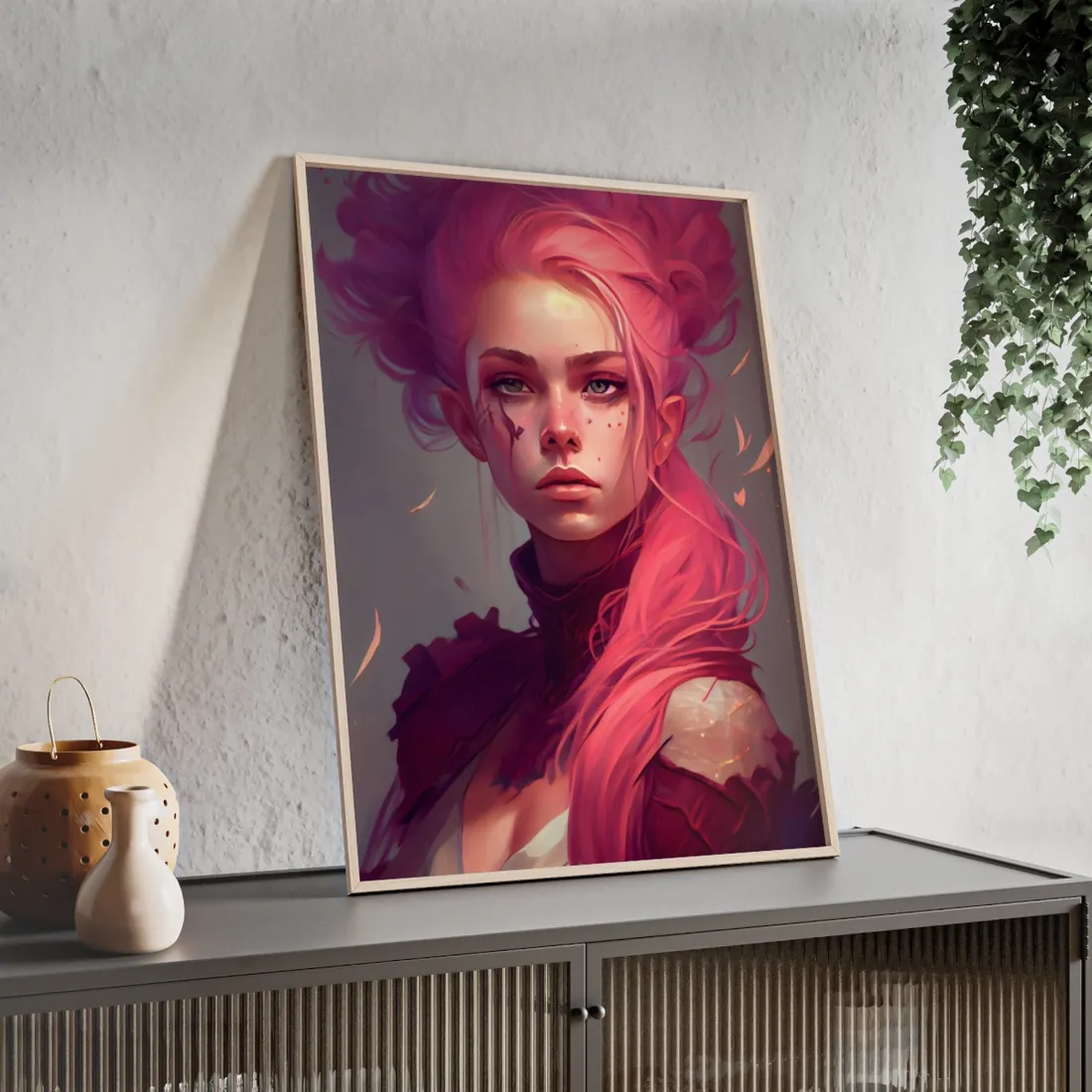 Enigmatic Portrait: Pink Hair in Darkness - Framed Poster
