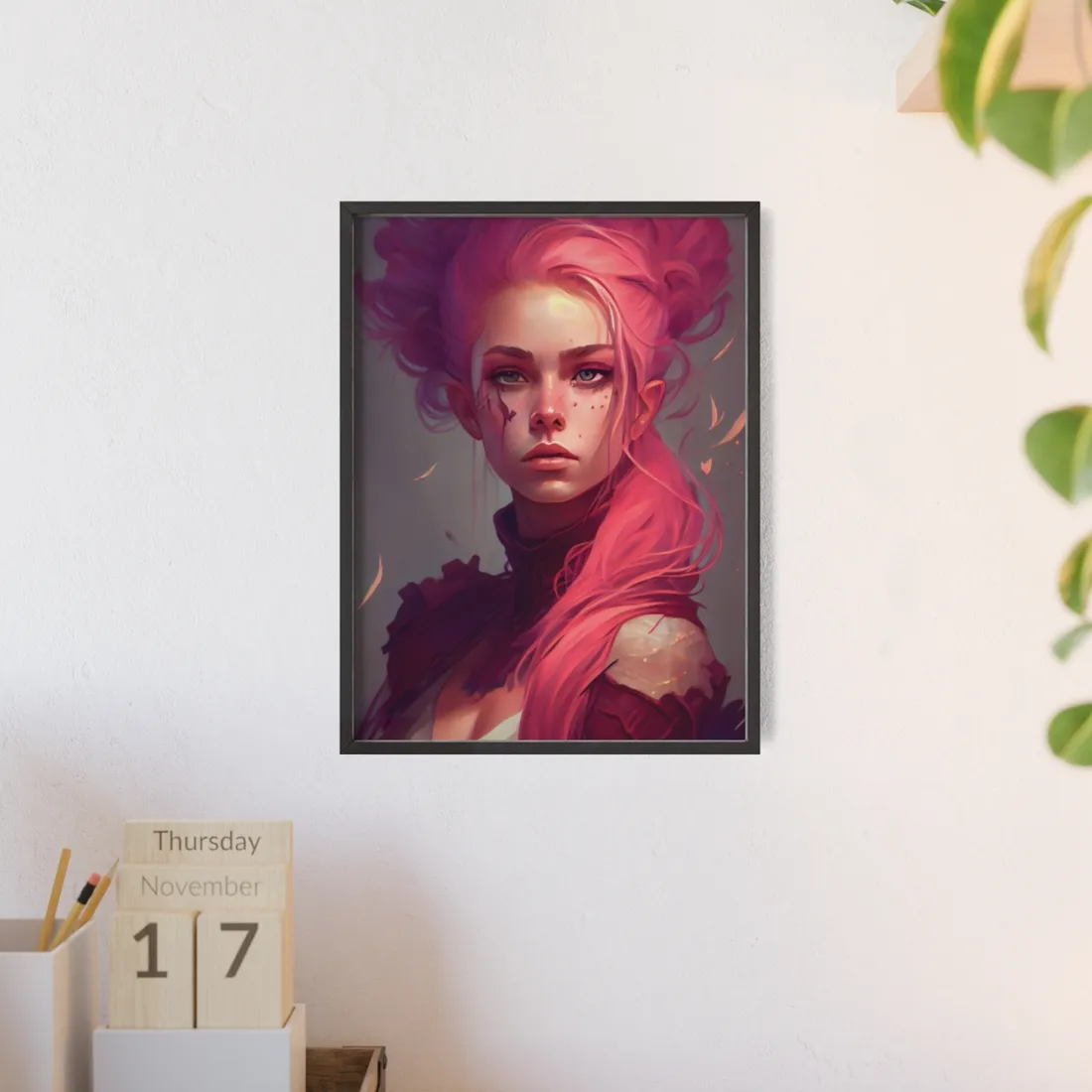 Enigmatic Portrait: Pink Hair in Darkness - Framed Poster