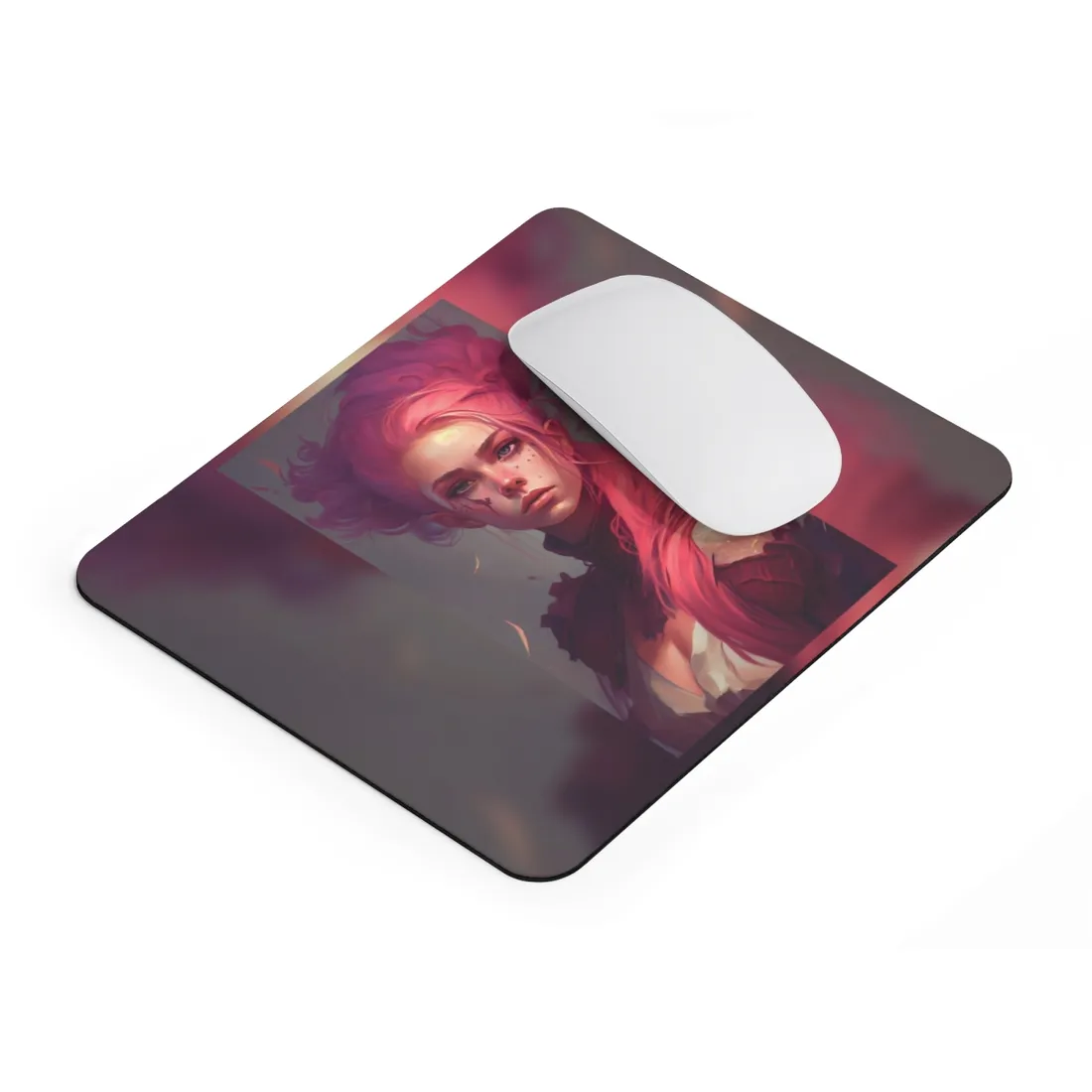 Enigmatic Portrait: Pink Hair in Darkness - Mouse Pad