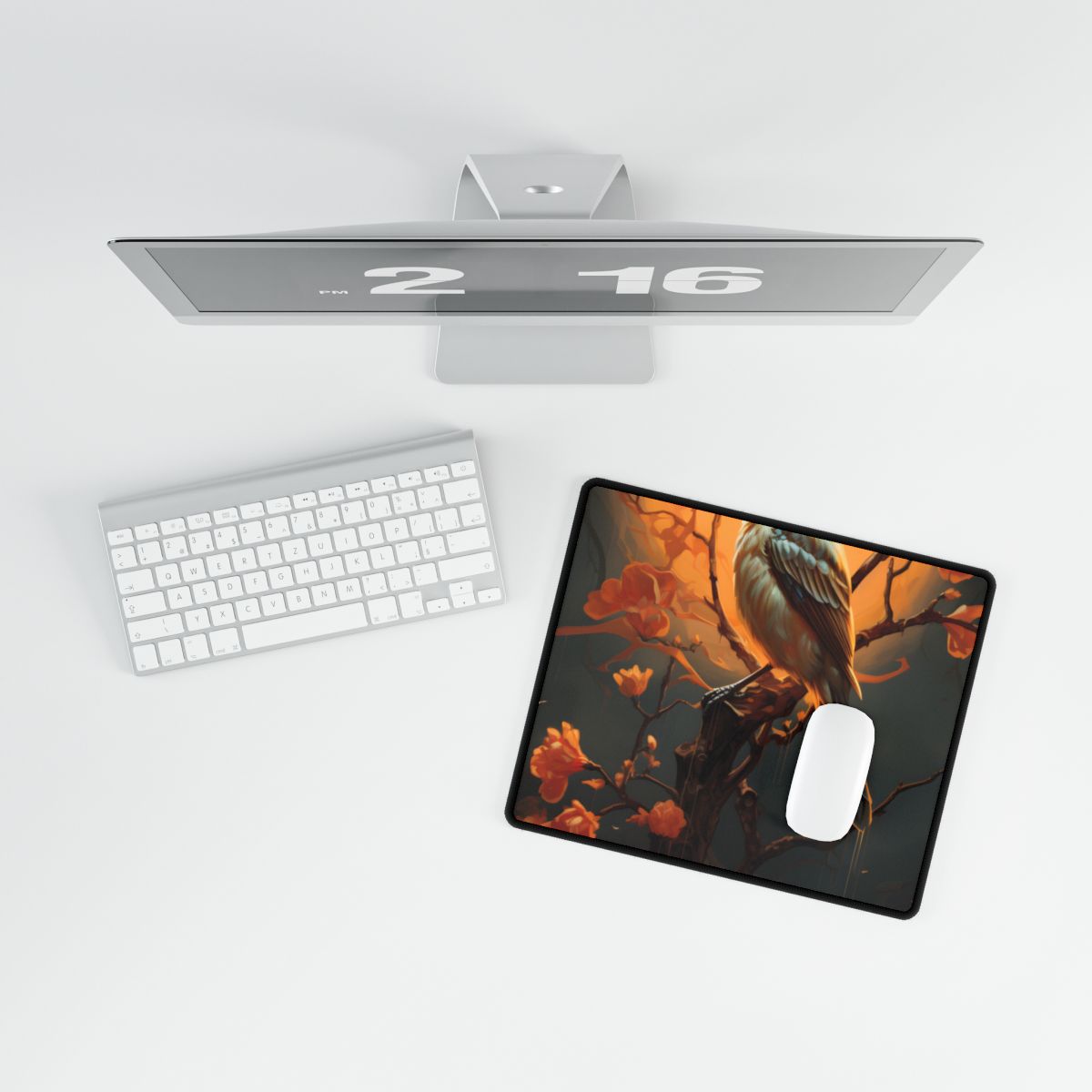 Enigmatic Songbird Guardian: Urban Artwork - Desk Mat