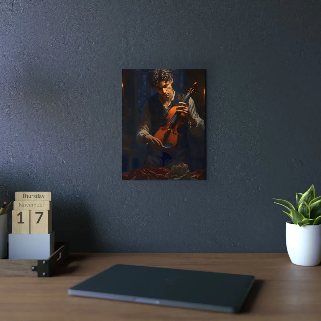 Enigmatic Violinist in Dim Light: Mysterious Performance Art - Metal Poster