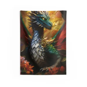 Green Dragon Among Flowers Wall Tapestry