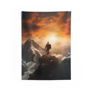 Hiker on Mountain Peak Wall Tapestry