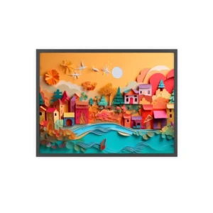 Quilled Lakeside Town: Sunset Paper Art Village Framed Poster