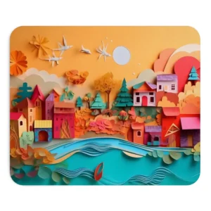 Quilled Lakeside Town: Sunset Paper Art Village Mouse Pad