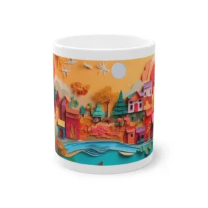Quilled Lakeside Town: Sunset Paper Art Village Mug