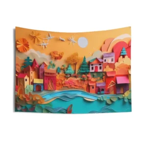 Paper Cut Village by River Wall Tapestry