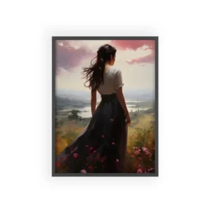 Woman Overlooking a Meadow Lake Framed Poster