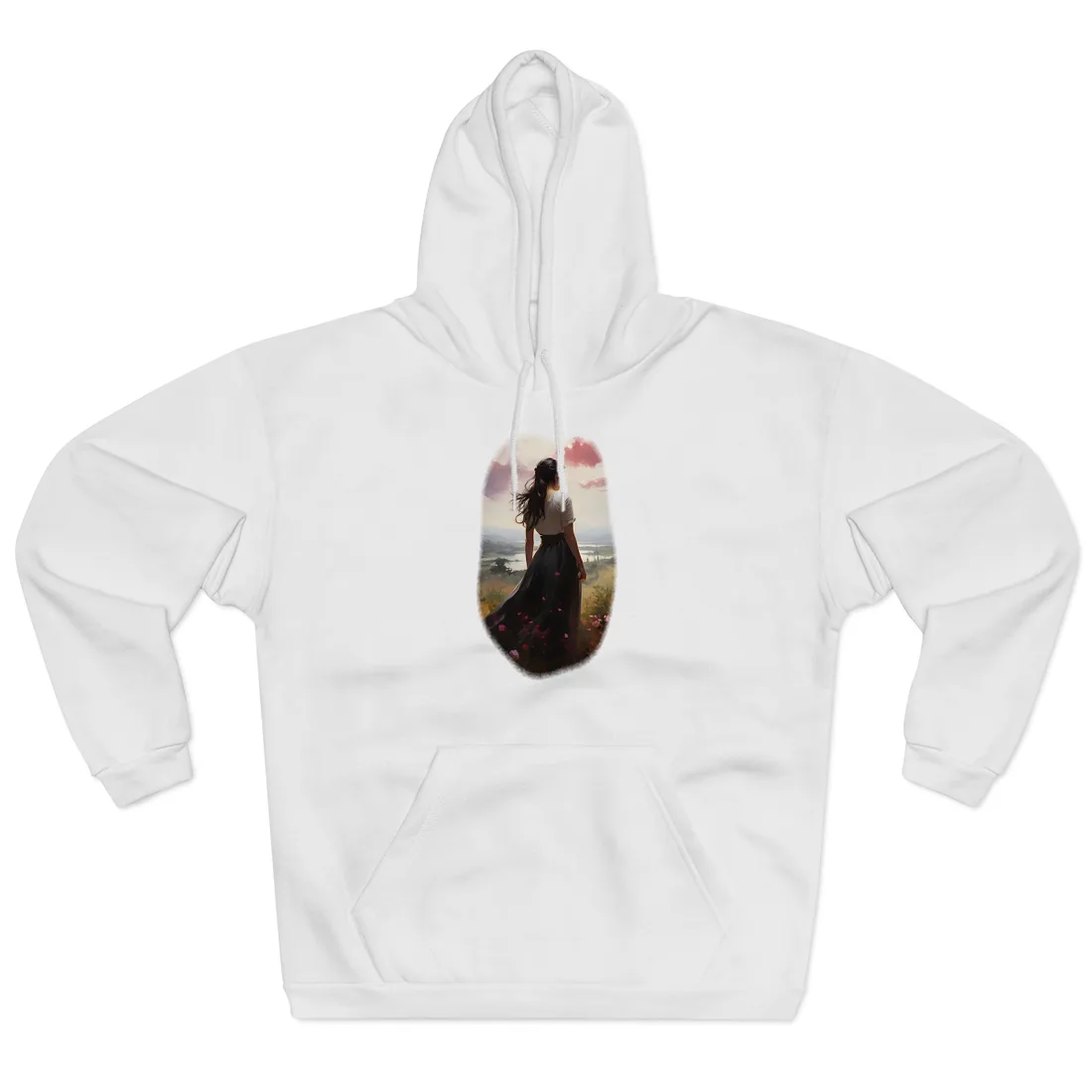 Woman in the Meadow: Flowing Dress Nature Scene – Hoodie, white
